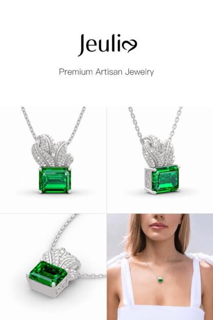 Jeulia Leaf Design Emerald Cut Sterling Silver Necklace