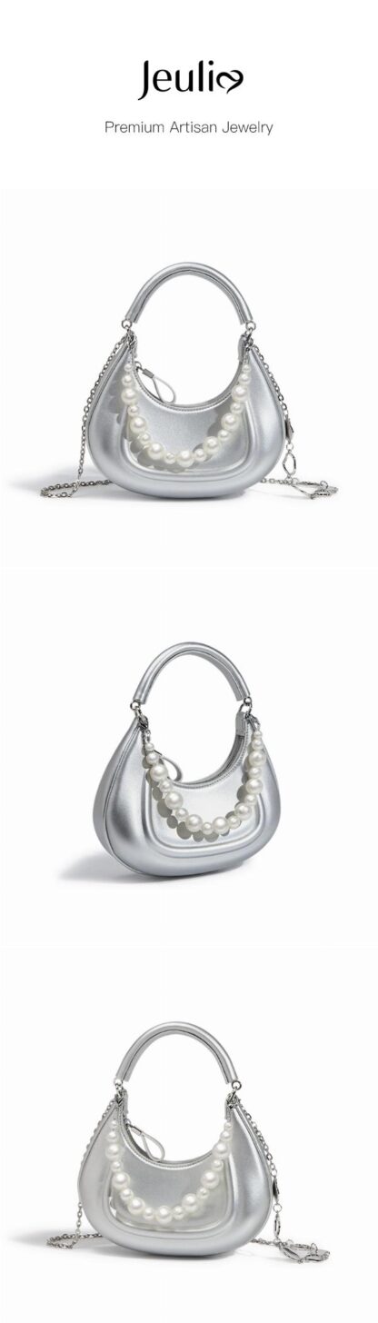 Jeulia Pearl Decor Chain Hobo Bag Top Handle Bag Mini Crescent Bag