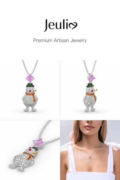 Jeulia "Merry Christmas" Snowman Design Sterling Silver Necklace