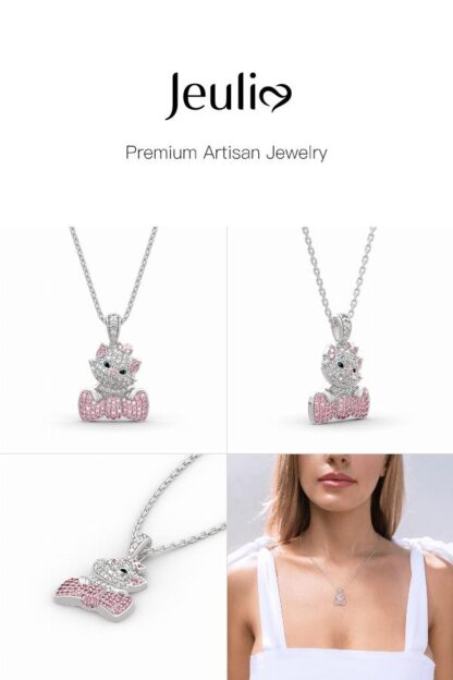 Jeulia "I Love Cats" Bow Design Sterling Silver Necklace