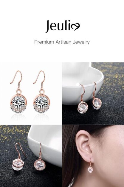 Jeulia Rose Gold Tone Round Cut Stone Sterling Silver Earring Drops