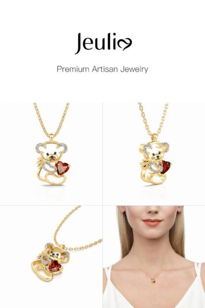 Jeulia "Fall in Love" Teddy Bear and Heart Sterling Silver Necklace