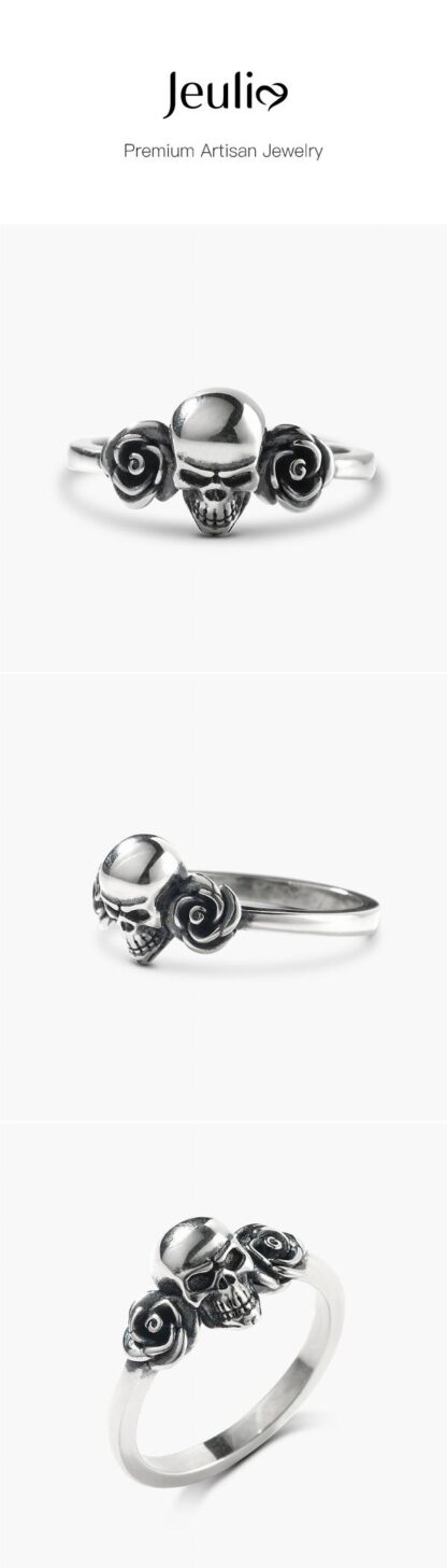 Jeulia "Skull and Roses" Sterling Silver Ring