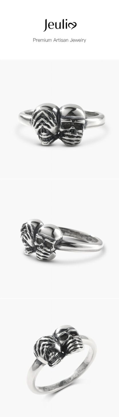 Jeulia "See No Evil & Speak No Evil" Skull Sterling Silver Ring