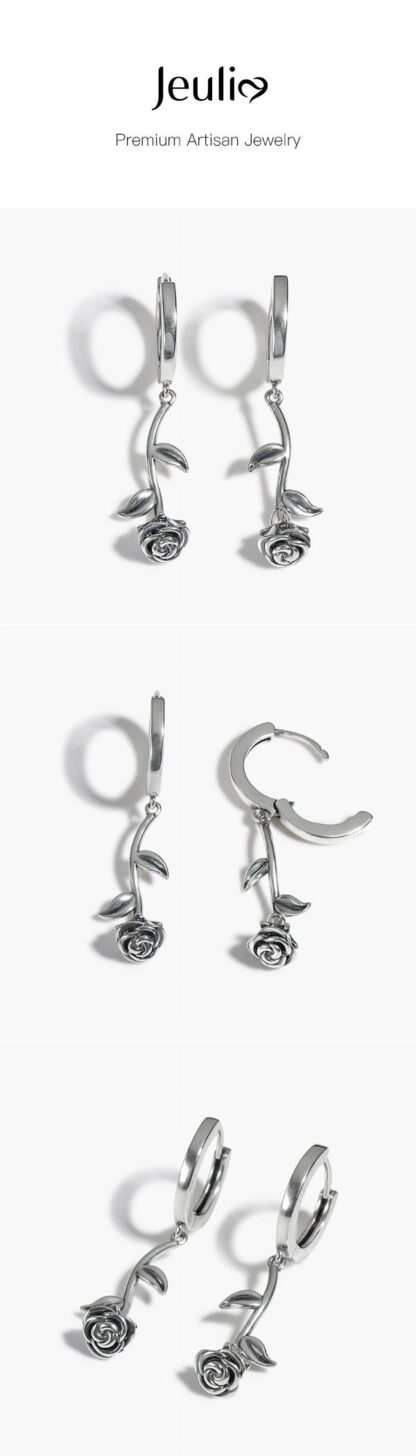 Jeulia "Dangle Rose" Flower Sterling Silver Earrings