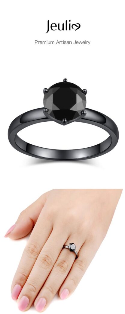 Jeulia Solitaire Black Round Cut Sterling Silver Promise Ring