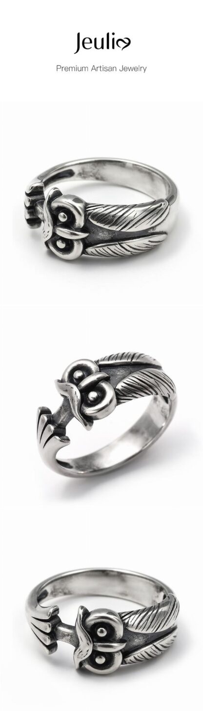 Jeulia "Ancient Wisdom" Night Owl Sterling Silver Men's Ring