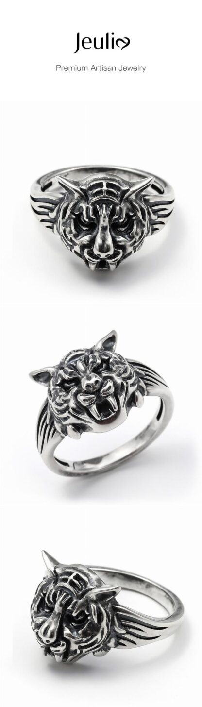 Jeulia "King of the Forest" Tiger Sterling Silver Men's Ring