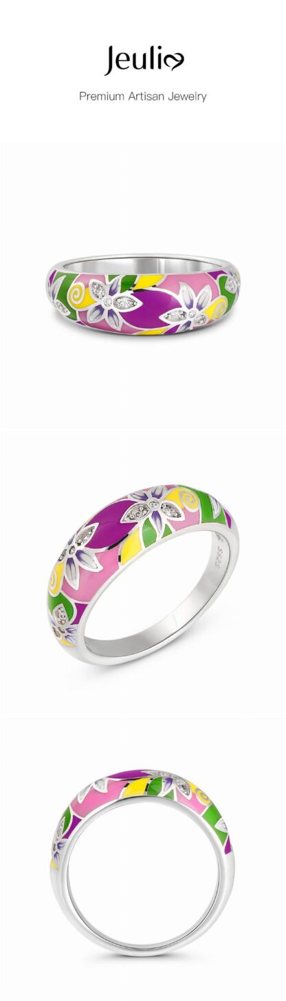 Jeulia "Charming Flower" Multicolored Enamel Sterling Silver Women's Band