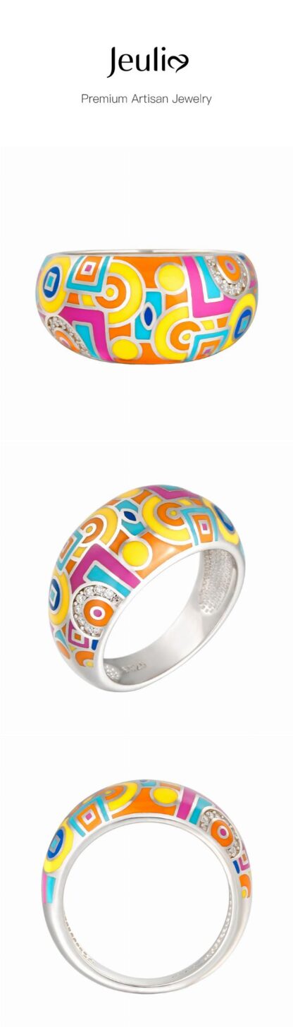 Jeulia "Geometric" Multicolored Enamel Sterling Silver Women's Band