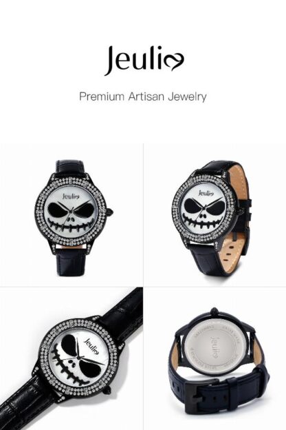 Jeulia "Master of Fright" Skull Design Quartz Black Leather Watch with Mother-of-Pearl Dial